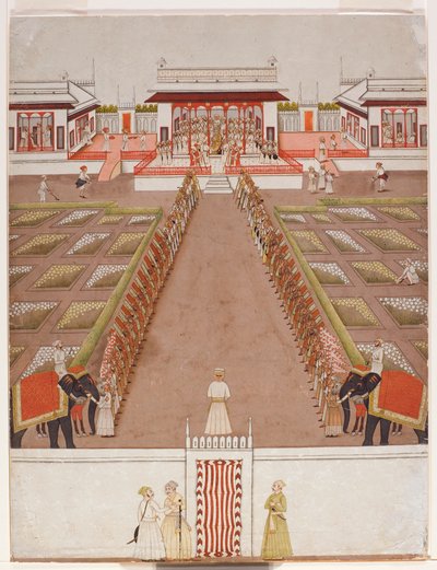Egy Nawab-tartó udvar egy pavilonban, a fogók és két elefánt sugárúton túl, 1765 körül (átlátszatlan wc és arany papíron) alkotó: Indian School