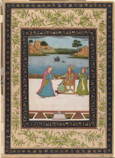 Egy nőnek gyümölcsöt szolgálnak fel a teraszon, 1770 körül (átlátszatlan wc, arany és ezüst a papíron) alkotó: Indian School
