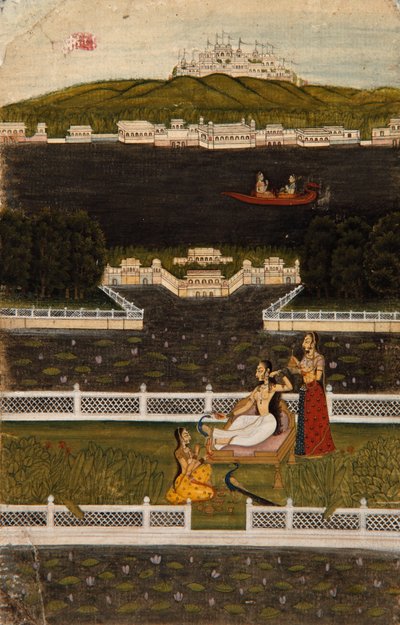 Egy gyönyörű nő a tó teraszán, 1770 körül (átlátszatlan wc és arany papíron) alkotó: Indian School