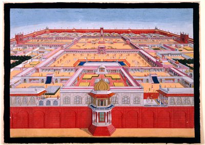 A delhi Vörös Erőd madártávlatból, keletről, amint egy császár, valószínűleg Shah Alam (1759-1806) belép a Diwan-i-Khasba (jobbra), 1780-90 körül (átlátszatlan akvarell)) alkotó: Indian School