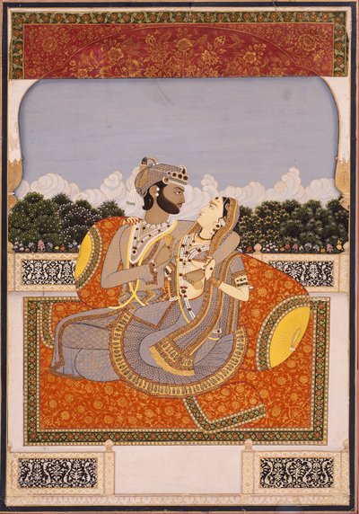 Egy pár ölelés a teraszon, 1835 körül (átlátszatlan wc, lakk, arany és üveg papíron) alkotó: Indian School