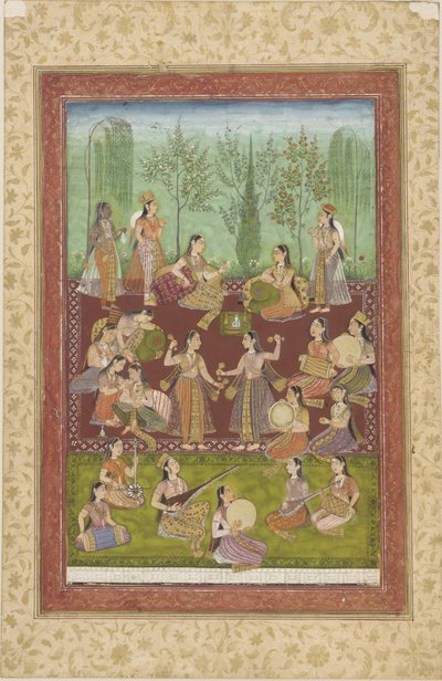 Egy csapat nő a kertben, zenével és tánccal szórakoztatják magukat (szín és arany a papíron) alkotó: Indian School
