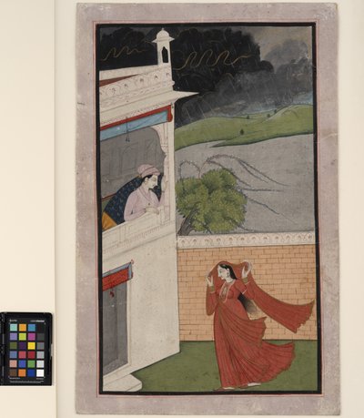 Egy hölgy jön szerelme házához esőben, 1830 körül (átlátszatlan w/c és arany a papíron) alkotó: Indian School