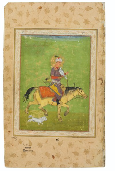 Iraj festménye lóháton vadászó sólyom mellett, India, Mogul-korszak, 16. század vége (átlátszatlan pigmentek és arany a wasli-n) alkotó: Indian School