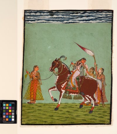 Egy nő lóháton három kísérővel, 1735 körül (átlátszatlan akvarell papíron) alkotó: Indian School