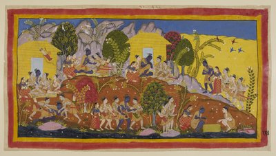 Add hozzá 15296 (1) f.114r, A tetején, középen Bharata és Shatrughna Rama lábai elé vetik magukat, aki átöleli öccseit és szagolja Sitaeir fejeket. Ráma az ölébe veszi őket, miközben a jólétükről és az apjukról kérdez, és h alkotó: Indian School