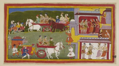 Add hozzá 15296 (1) f.127r, A menet visszatér Ayodhya-ba, a festmény alján, a szomorú és elhagyatott város macskák és baglyok kísértethelye. Bharata és Shatrughna búcsút vesz a királynőktől, és elmondják Vasithának, hogy visszavonulnak É-ba alkotó: Indian School