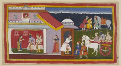 Add 15296 (1) f.41r, Miután végül rávette anyját és bátyját, hogy higgadtan vállalják sorsát, Rama és Laksmana a szekéren visszatérnek saját palotájába, Ráma szokásos alázatában lehajtotta a fejét. Sita találkozik velük, aki először egy u alkotó: Indian School