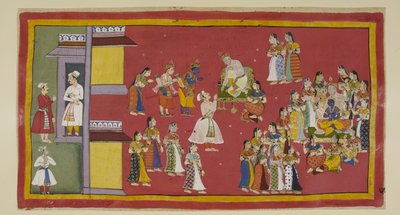 Add hozzá az 15296 (1) f.50r-t, Dasaratha korábban megparancsolta Sumantrának, hogy hívja össze királynőit és összes feleségét, akik most körülveszik a királyt, amikor Sumantra behozza a száműzötteket búcsúzni. Dasaratha megpróbálja rávenni Rámát, hogy ne  alkotó: Indian School