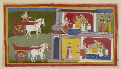 Add hozzá 15296 (1) f.72r, Bal oldalon Sumantra visszatér Ayodhyába, és belép a palotába, hogy átadja Ráma utolsó üzenetét a királynak, aki mellett Kausalya és Sumitra ül. A király elájul, Sumantra és a királynők elkapják. alkotó: Indian School