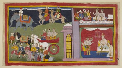 Add hozzá 15296 (1) f.84r, A hírnökök egy felső kamrában azt mondják a hercegeknek, hogy térjenek vissza Ayodhyába. Lent, a trónteremben az utazáshoz öltözött hercegek búcsút vesznek Kaikeyi királytól és fiától, Judhadzsittól. Kiülnek egy szekérre a m alkotó: Indian School