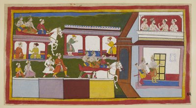 Add hozzá 15296 (1) f.85r, A hercegek a szekerükön áthajtanak Ayodhya főutcáján, csodálkozva a város változásán, amióta elhagyták azt, majd kérdő mozdulatokkal belépnek a palotába. Egy felső szobában egy brahmin és három lelkész gyűlik össze alkotó: Indian School