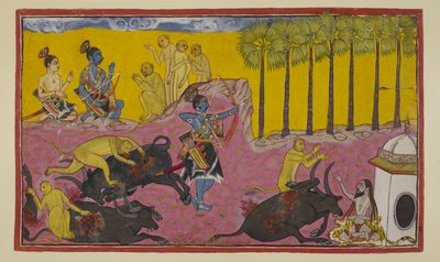 Add hozzá az 15296 (2) f.12r-t, Sugriva és majmai, a bal felső sarokban láthatók, továbbra is elmondják Rámának és Laksmanának Bali és Dundubhi történetét. Bali olyan erős volt, hogy képes volt letépni a démon végtagját, majd a levegőbe hajítani a tetemet. alkotó: Indian School