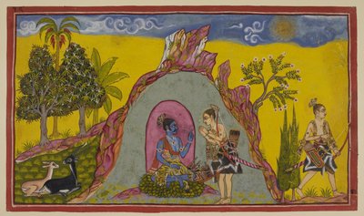 Add 15296 (2) f.30r, A Prasravana hegyen a két herceg az ősz eljöveteléig és a háborús időszak eljöveteléig vár, addig pedig a hegyi növény- és állatvilág szépségében, valamint a hegy csodáiban gyönyörködik. az esős évszak. De egyszer enthr alkotó: Indian School