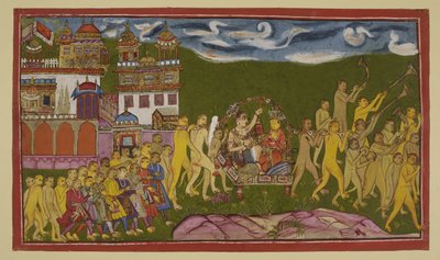 Add hozzá 15296 (2) f.43r, Sugriva és Laksmana egy arany alomban, amelyet majmok hordanak, Kiskindhából alkotó: Indian School