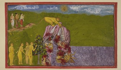 Add 15296 (2) f.81r, A nagy óceán partján a majmok megdöbbentek, hogy hogyan tudnak átkelni azon, hogy elérjék La?k?-t. Angada mindannyiukat megkérdezte, meddig tudnak ugrani, de egyikük sem volt biztos abban, hogy idáig ugorjon, amíg Jambavan nem sürgette alkotó: Indian School