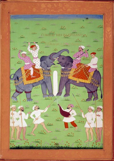 Két elefánt csatája Shah Alem indián és perzsa miniatúrák udvarában Niccolo Manucci (1638-1717) „India története Tamertantétól Orangreybig” című művében. B.N., Párizs. alkotó: Indian School