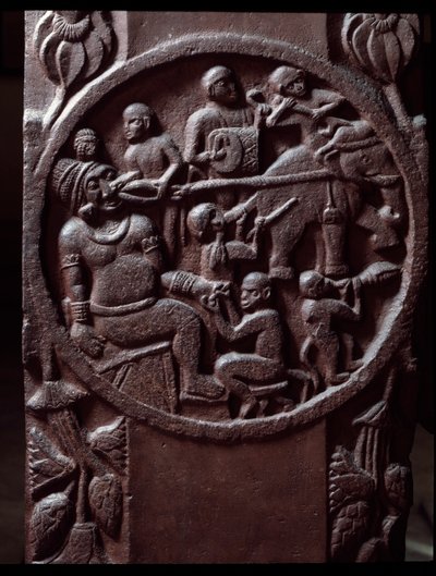Buddhizmus: „A majmok elfognak egy elefántot, és vonszolják, hogy kihúzzák az óriás fogát) részlet du stupa de Bharhut (Barhut, Barouth) Fekete kő alacsony domborműve, ie 2. század (Kr. e. 2. század) - Kalkutta, indiai múzeum alkotó: Indian School