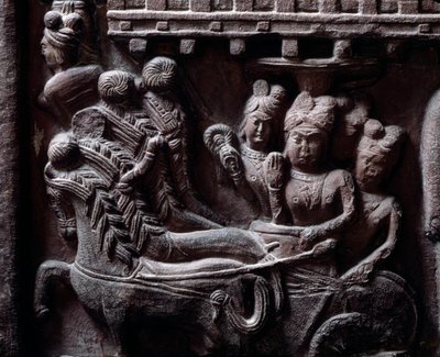 Buddhizmus: "" Prasenjit utolsó látogatása Buddhánál" (Prasanjit utolsó látogatása Buddhánál) részlet du stupa de Bharhut (Barhut, Barouth) Fekete kő alacsony domborműve, ie 2. század (Kr. e. 2. század) - Kolkata, indiai múzeum alkotó: Indian School