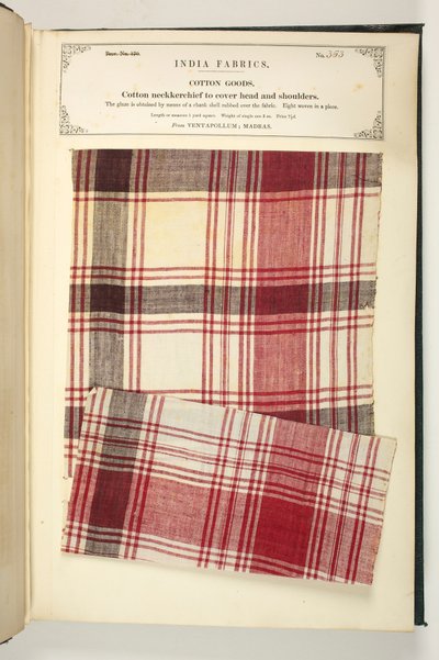Pamut nyakkendő a fej és a vállak fedésére a Madras-i Ventapollumból, John Forbes Watson 1866-ban megjelent „The Collection of the Textile Manufacturers of India” című művéből (vegyes technika) alkotó: Indian School