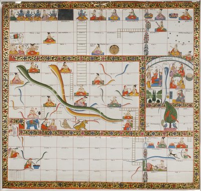 Tervezés a Kígyók és Létrák játékhoz, 1800 (gouache papíron, szövetre rögzítve) alkotó: Indian School