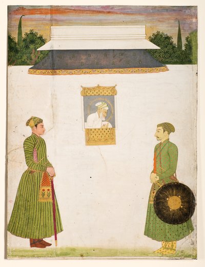 Aurangzeb császár egy jharokha ablaknál, két nemes az előtérben, 1710 körül (átlátszatlan wc-arany papíron) alkotó: Indian School