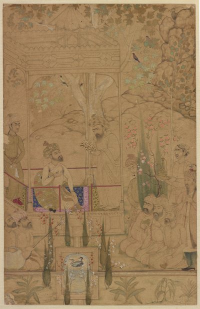 Babur császár kísérőkkel egy kertben, 1590 körül alkotó: Indian School