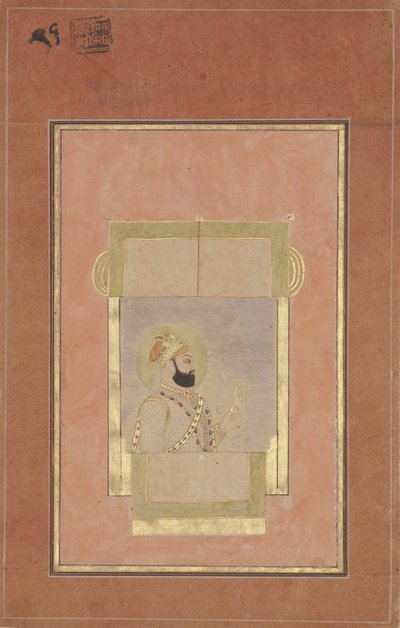 Farrukh Siyyar az ablaknál ül, kezében egy aranysarpech, 1715 körül (átlátszatlan wc és arany papíron) alkotó: Indian School