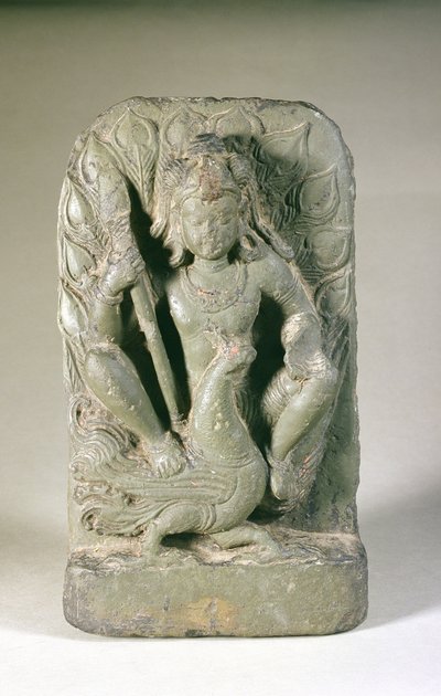 Skanda figurája a pávájával, Punjab Hills (homokkő) alkotó: Indian School