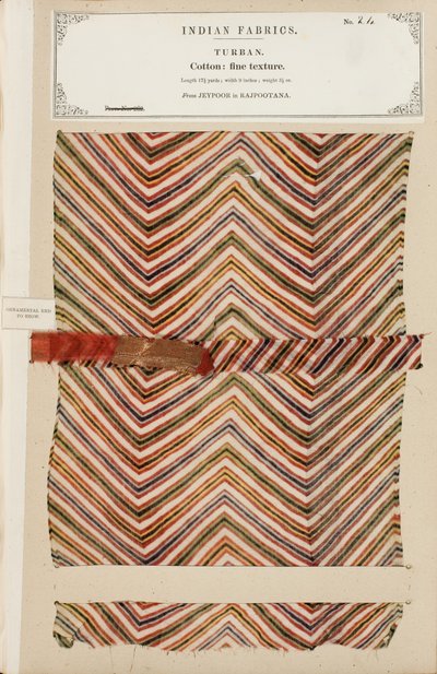 Finom pamutturbánminta a rajpootanai Jeypoorból, az Indiai Textilgyártók Gyűjteményéből, John Forbes Watsontól, 1866-ban alkotó: Indian School
