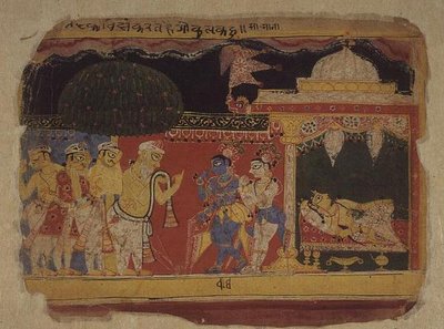 Folio. Nanda búcsút vesz Krisnától és Balarámától a „The Bhagavita Purana” (Rajasthan) alkotó: Indian School