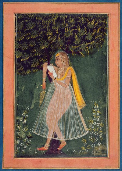 Hindu hölgy szerelmes levelet olvas egy fa alatt (gouache, tinta és arany, papír) alkotó: Indian School