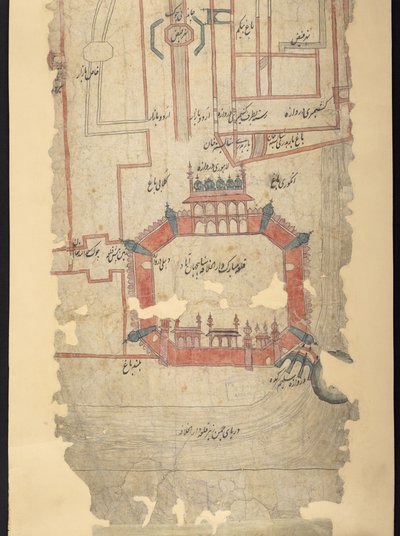 IO Islamic 4725 Fort of Delhi és az északi terület, egy „A Delhiből Kandahárba vezető útvonalat” ábrázoló tekercs metszete (tinta és színes papíron) alkotó: Indian School