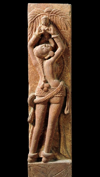 Indiai művészet: egy anyát és gyermekét ábrázoló domborműves harisnya. Kouchane (Kouchan vagy Kushan) időszak 1. század - Újdelhi, nemzeti múzeum alkotó: Indian School