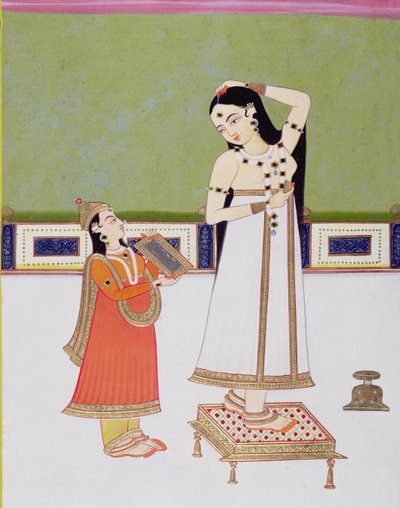 Indiai hölgy a vécéjében nézi magát a tükörben (guache és aranylevél papíron) alkotó: Indian School