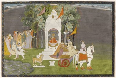 Krishna elrabolja Rukmanit a templomból, 1810 körül (guache, arannyal a papíron) alkotó: Indian School