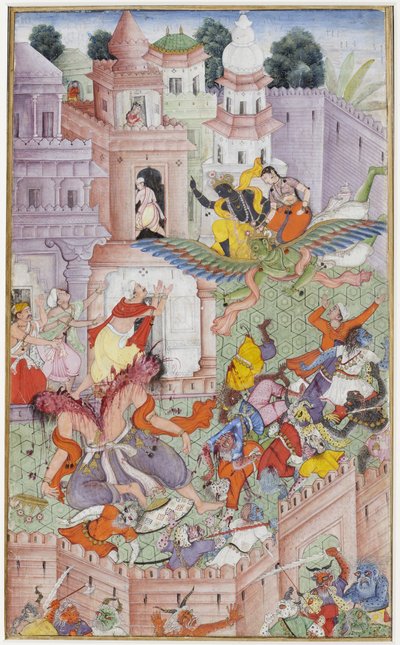 Krishna hasítja a démont, Narakasura a korongjával, 1585-90 körül (átlátszatlan wc és arany papíron) alkotó: Indian School