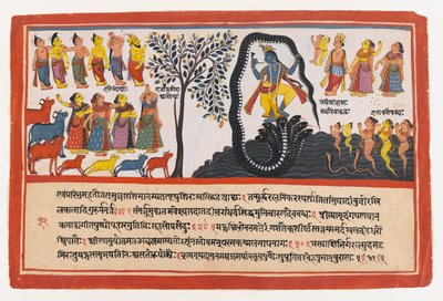 Krishna Conques the Serpent Kaliya, oldal egy szétszórt Bhagavata Purana sorozatból, 1775 körül (átlátszatlan wc és arany papíron) alkotó: Indian School