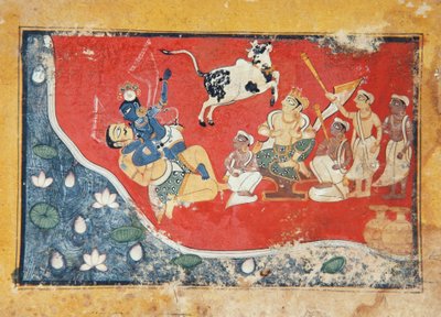 Krisna legyőz egy démont a folyó mellett, 1560 körül (papíron átlátszatlan wc) alkotó: Indian School