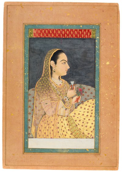 Csészét és virágot tartó hölgy, 18. század eleje (wc arannyal és ezüsttel papíron) alkotó: Indian School