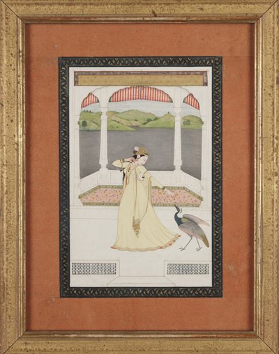 Pávát csábító hölgy gyöngysorral, 1800 körül (guache és arany papíron) alkotó: Indian School