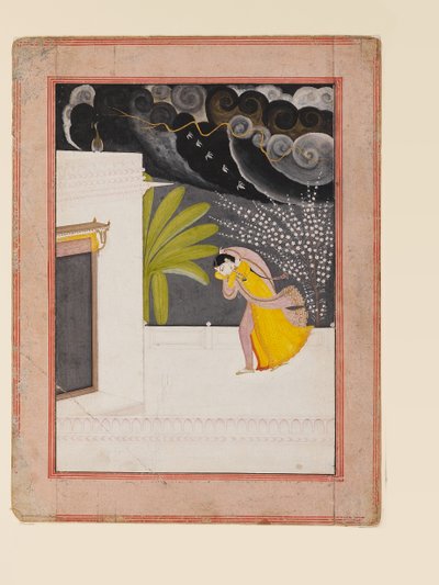 Hölgy a teraszon, az esők elől menedéket keresve, 19. század eleje (guache, arannyal a papíron) alkotó: Indian School