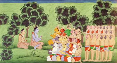 Lakshmana konzultál a majomseregek vezetőivel, a Rámájánából alkotó: Indian School