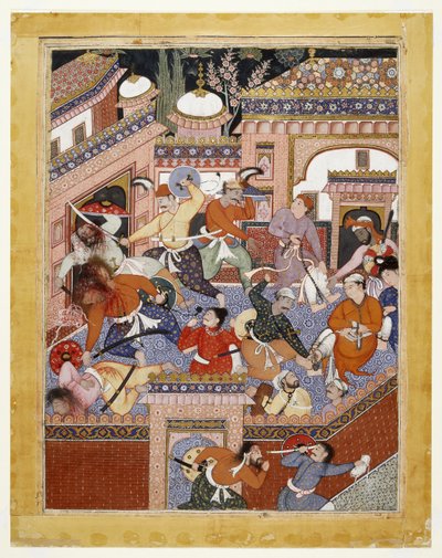 Songhur Balkhi és Lulu, a kém vezetésével az ayyarok elvágták a börtönőrök torkát és a Free Said Farrukh-Nizhad, 1557-1572 (átlátszatlan akvarell és arany pamutszöveten) alkotó: Indian School