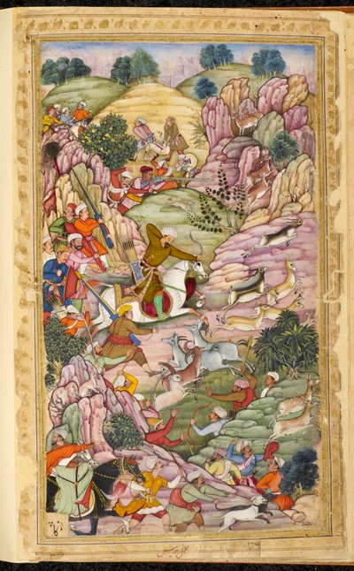 Babur császár vadászik, Ali Shang és Alangar között, Kabul (Afganisztán) régióban. Miniatűr a Vaqi at i Baburi perzsa kéziratból, Babur mogul császár emlékiratai (Zahir ud din Muhammad) (1483-1530), India, 1590 körül. The British Libra alkotó: Indian School