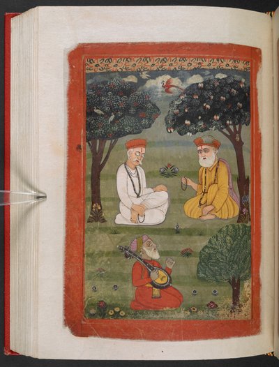 MS Panj B 40, f.131v, Bhagat Kabir ji és Guru Nanak Dev ji találkozó, illusztráció a „Guru Nanak életrajzából” alkotó: Indian School