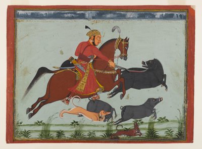 Maharaja Pratap Singh II, Mewar Hunting Boar, 1750-75 körül (akvarell, arany és ezüst, papíron) alkotó: Indian School