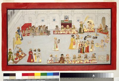 Maharana Sangram Singh gyermekeivel és udvariasaival, 1715 körül (átlátszatlan wc és arany a papíron, egy albumoldalra rögzítve) alkotó: Indian School