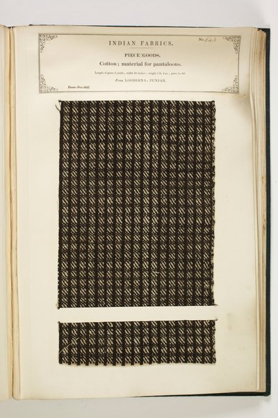 John Forbes Watson 1866-ban publikált anyaga Pantaloons, Loodiana, Punjab, Piece Goods, The Collection of the Collection of the Textile Manufacturers of India alkotó: Indian School