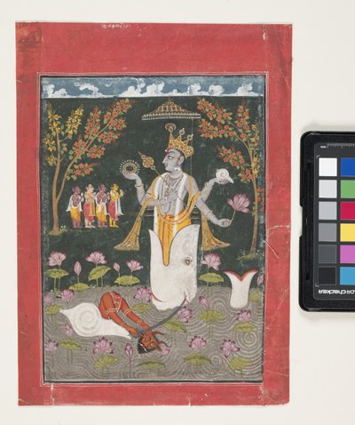 Visnu Matsya Avatarja: Sankh Asura meggyilkolása (gouache és aranylevél papíron) alkotó: Indian School
